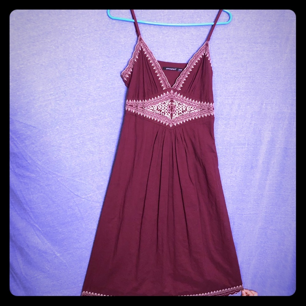 Burgundy dress w embroidered bodice & hem